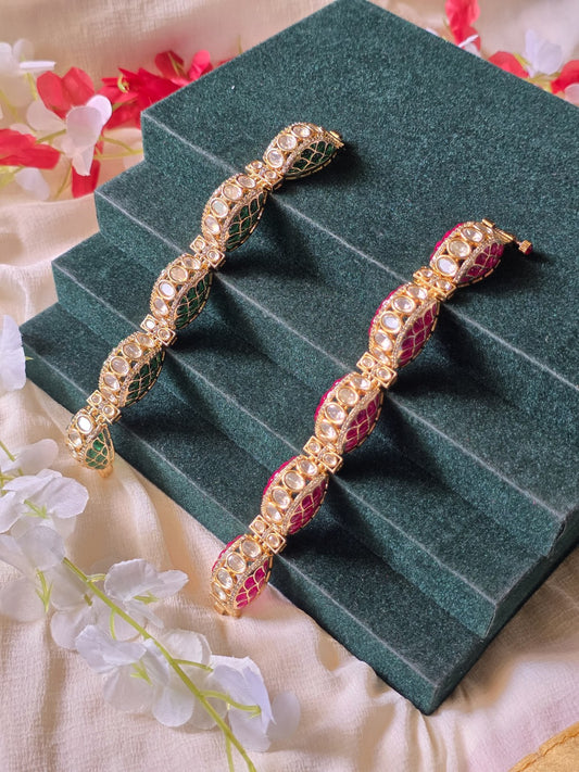 Mayurika Polki Moissanite Meenakari Kada Bracelet  Premium Openable Bracelet with CZ Diamonds | Dual Tone Bridal & Festive Jewellery