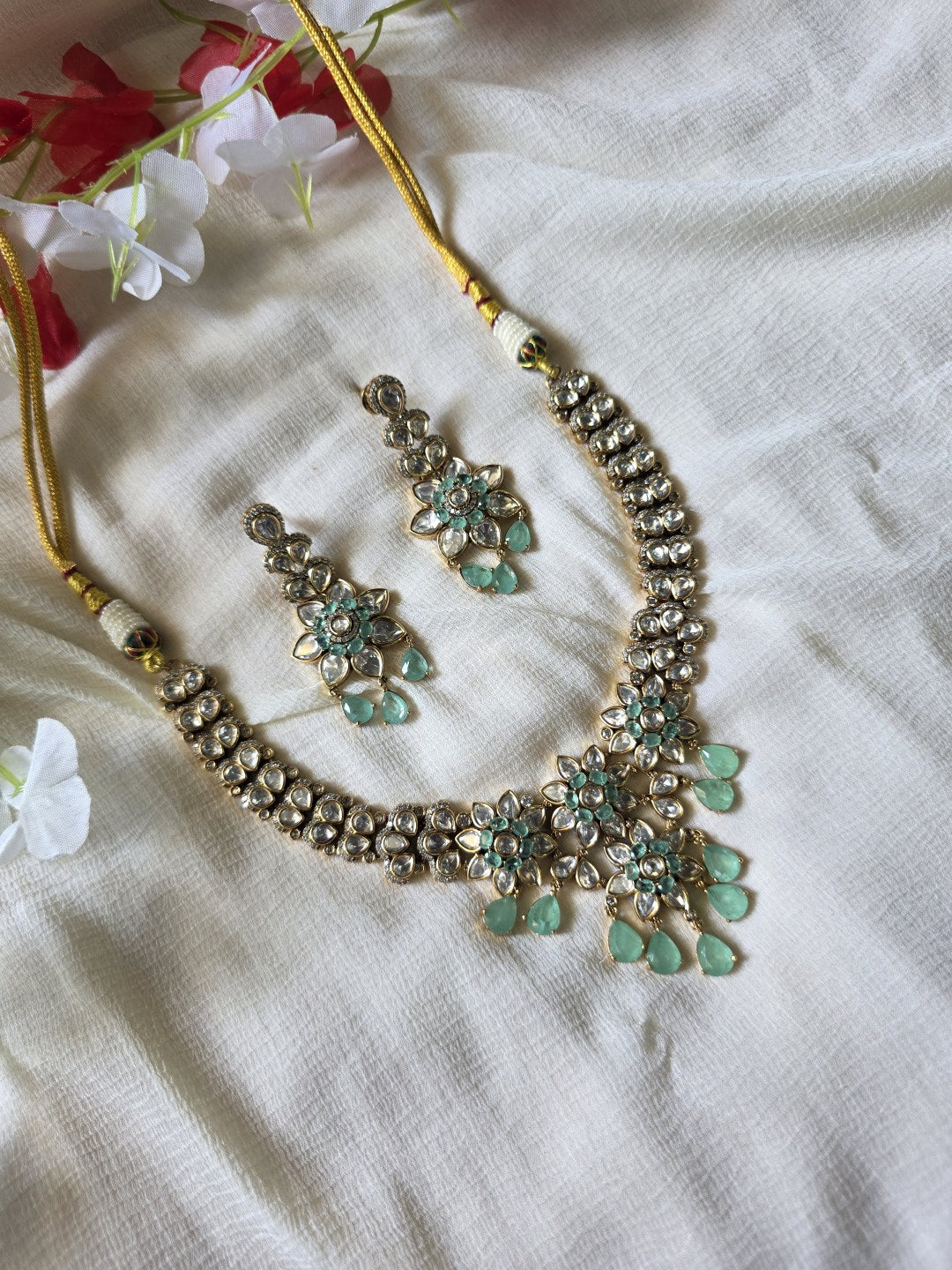 Aqua Pushpa Moissanite Polki Necklace Set  Premium Floral Moissanite Polki Necklace with Mint Green Drops | Bridal & Festive Jewellery