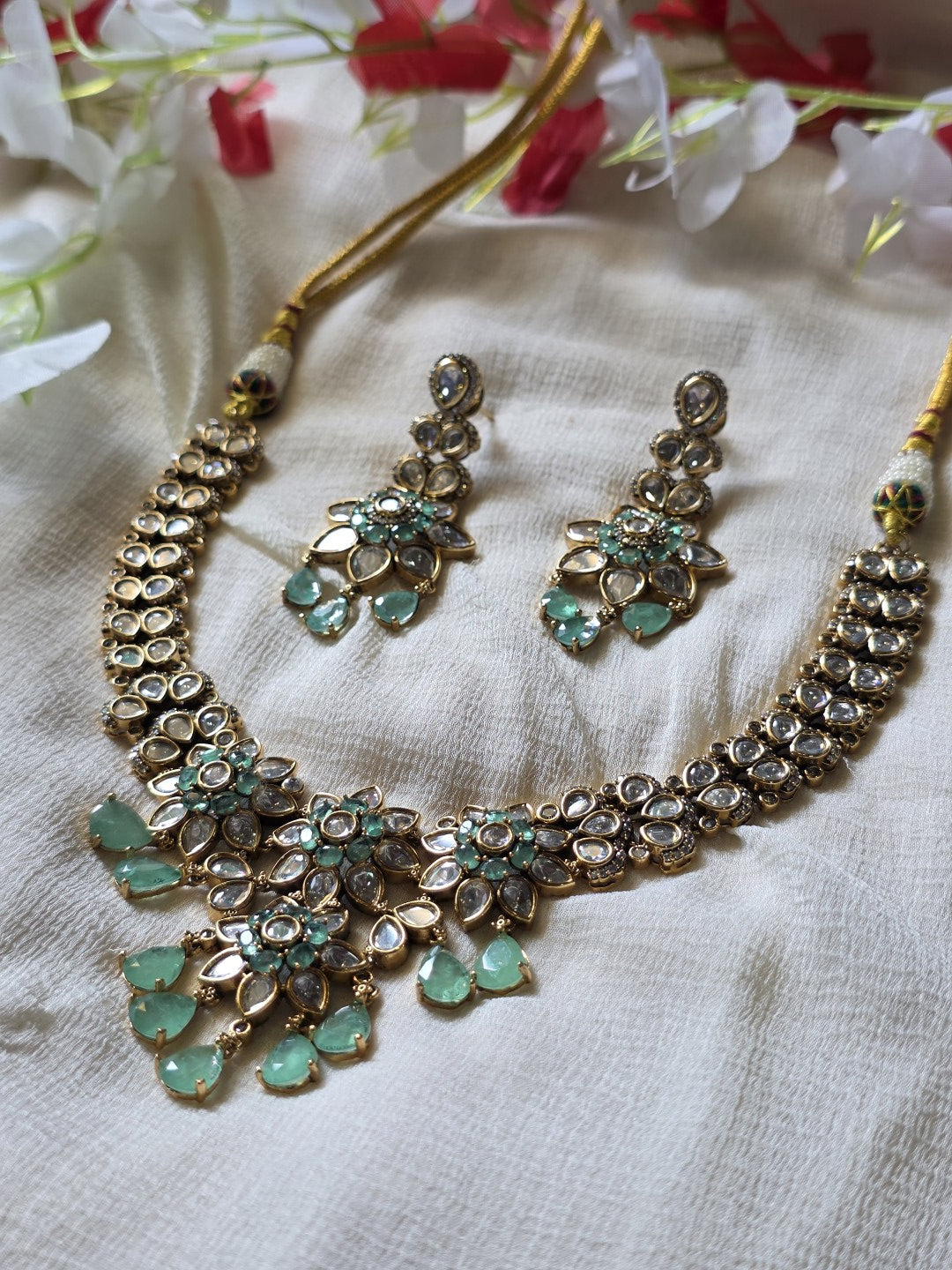 Aqua Pushpa Moissanite Polki Necklace Set  Premium Floral Moissanite Polki Necklace with Mint Green Drops | Bridal & Festive Jewellery