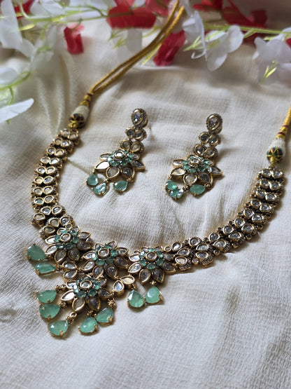 Aqua Pushpa Moissanite Polki Necklace Set  Premium Floral Moissanite Polki Necklace with Mint Green Drops | Bridal & Festive Jewellery
