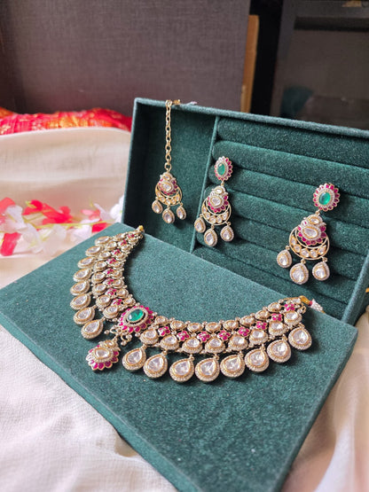 Noor Mahal Victorian Polki Necklace Set | CZ Diamond Bridal Choker Set with Earrings & Maang Tikka
