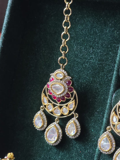 Noor Mahal Victorian Polki Necklace Set | CZ Diamond Bridal Choker Set with Earrings & Maang Tikka