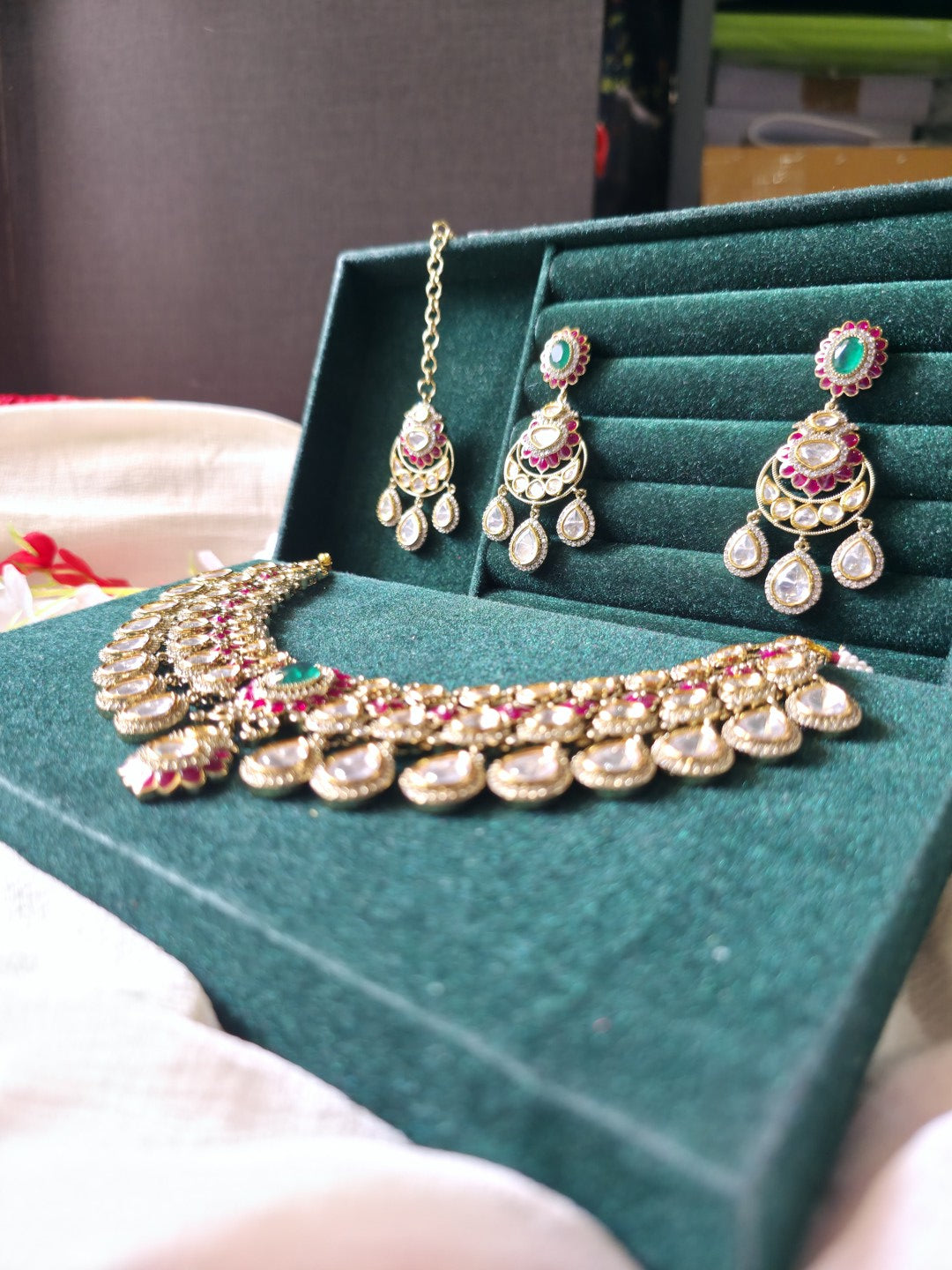 Noor Mahal Victorian Polki Necklace Set | CZ Diamond Bridal Choker Set with Earrings & Maang Tikka