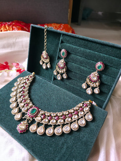 Noor Mahal Victorian Polki Necklace Set | CZ Diamond Bridal Choker Set with Earrings & Maang Tikka
