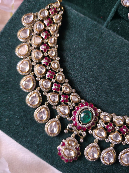 Noor Mahal Victorian Polki Necklace Set | CZ Diamond Bridal Choker Set with Earrings & Maang Tikka