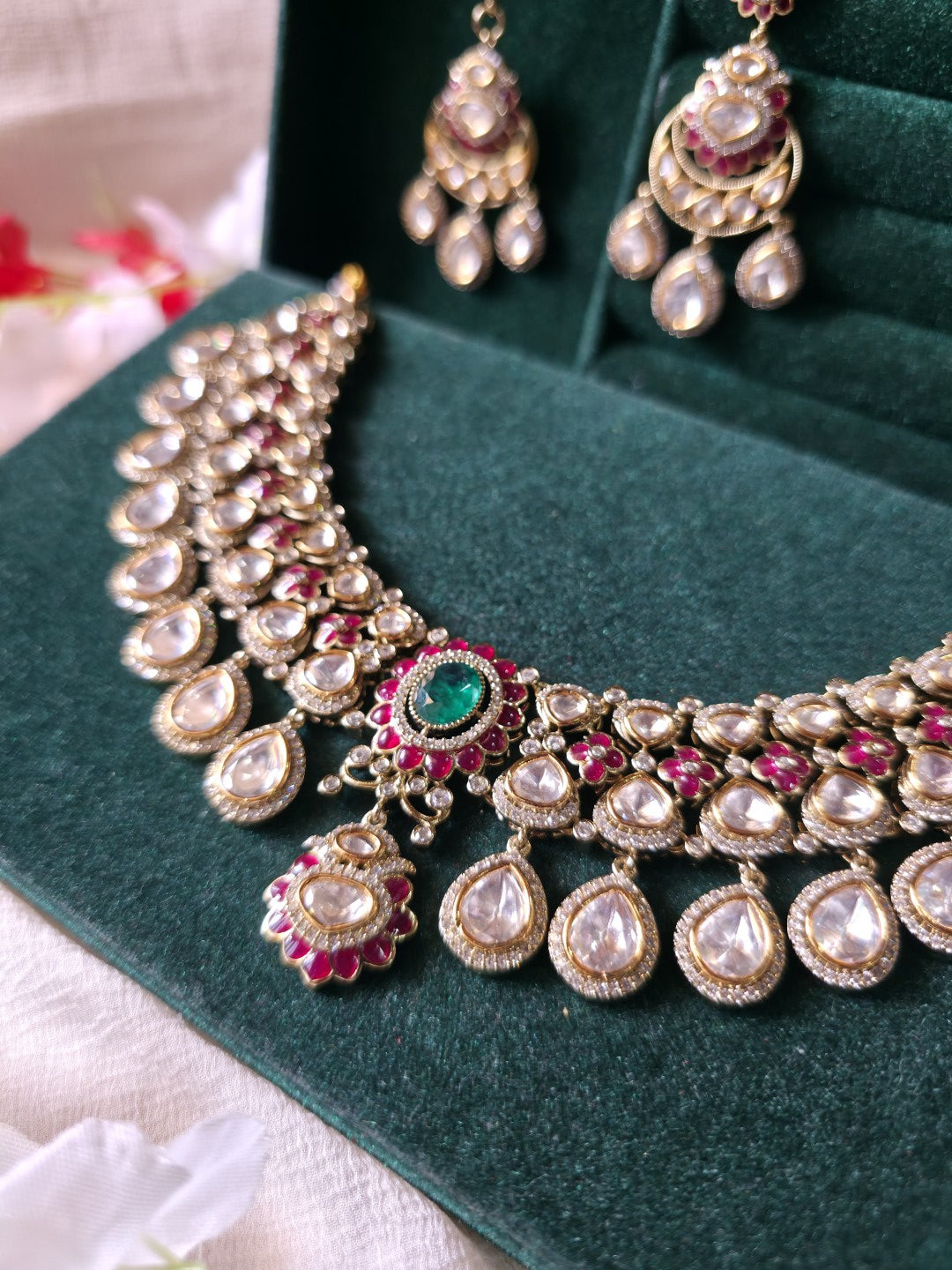 Noor Mahal Victorian Polki Necklace Set | CZ Diamond Bridal Choker Set with Earrings & Maang Tikka