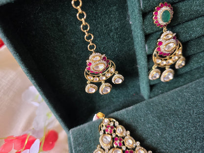 Noor Mahal Victorian Polki Necklace Set | CZ Diamond Bridal Choker Set with Earrings & Maang Tikka