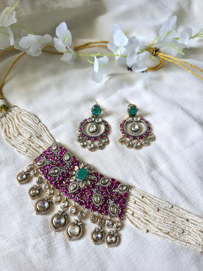 Rang-e-Noor Ruby Moissanite Pearl Choker Set  Ruby Moissanite Polki Pearl Choker Necklace Set | Victorian Finish | Handcrafted Bridal Jewellery