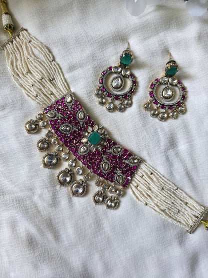 Rang-e-Noor Ruby Moissanite Pearl Choker Set  Ruby Moissanite Polki Pearl Choker Necklace Set | Victorian Finish | Handcrafted Bridal Jewellery