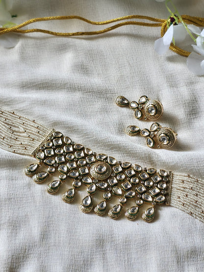 Noor-e-Kundan Pearl Choker Set  Moissanite Polki Pearl Choker Necklace Set | Victorian Finish | Handcrafted Bridal Jewellery with Matching Earrings