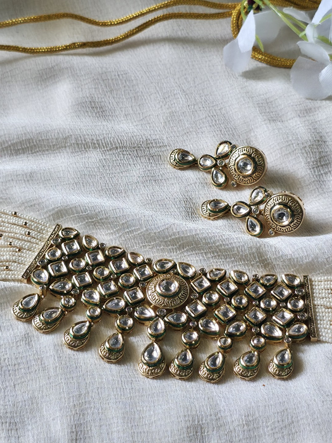 Noor-e-Kundan Pearl Choker Set  Moissanite Polki Pearl Choker Necklace Set | Victorian Finish | Handcrafted Bridal Jewellery with Matching Earrings