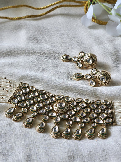 Noor-e-Kundan Pearl Choker Set  Moissanite Polki Pearl Choker Necklace Set | Victorian Finish | Handcrafted Bridal Jewellery with Matching Earrings