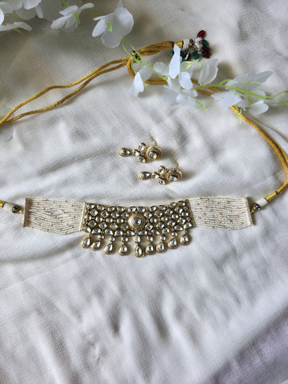 Noor-e-Kundan Pearl Choker Set  Moissanite Polki Pearl Choker Necklace Set | Victorian Finish | Handcrafted Bridal Jewellery with Matching Earrings