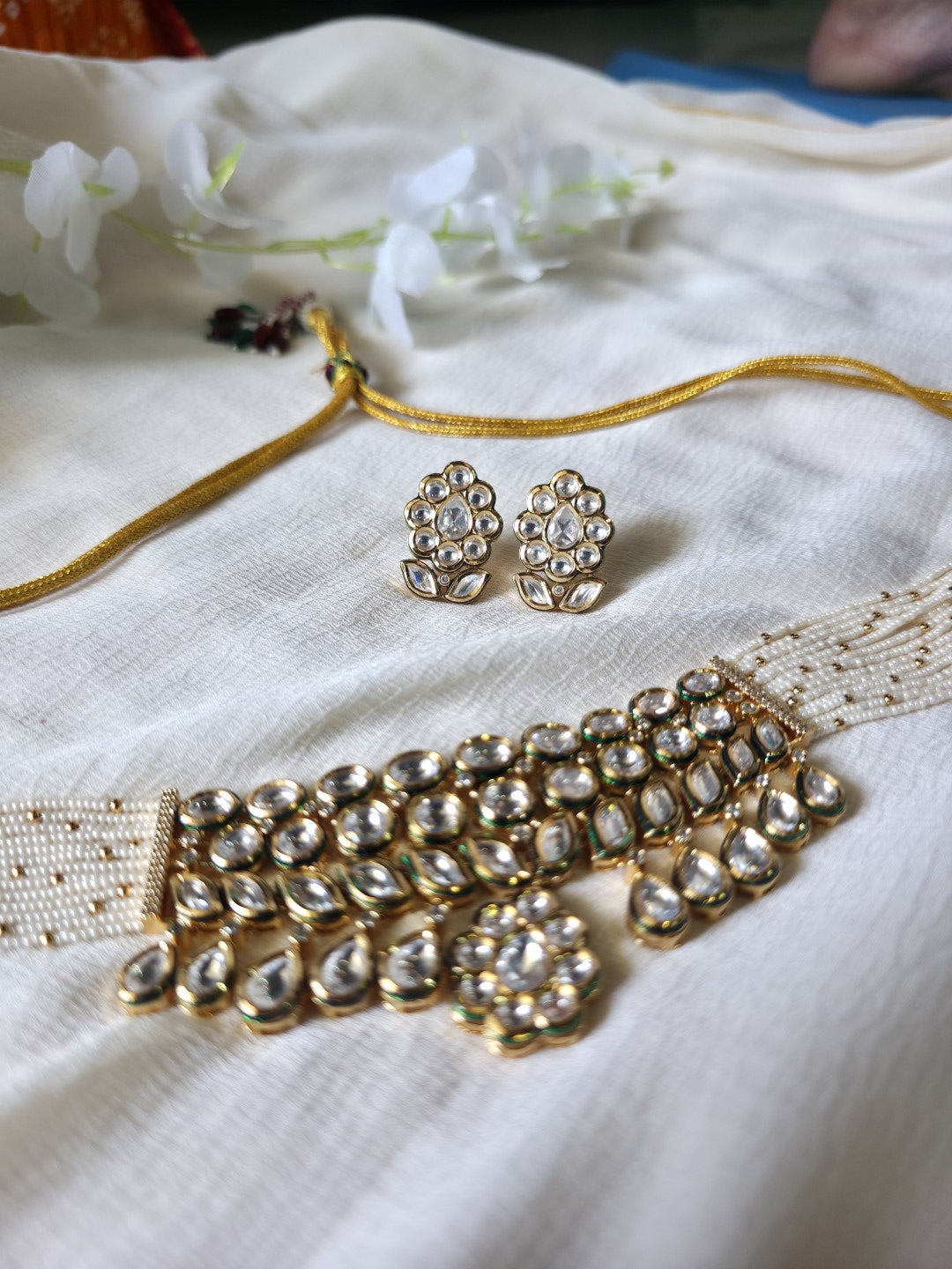 Noor-e-Polki Pearl Choker Set  Moissanite Polki Pearl Choker Necklace Set | Handcrafted Bridal Choker | Luxury Wedding Jewellery