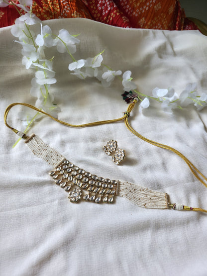 Noor-e-Polki Pearl Choker Set  Moissanite Polki Pearl Choker Necklace Set | Handcrafted Bridal Choker | Luxury Wedding Jewellery
