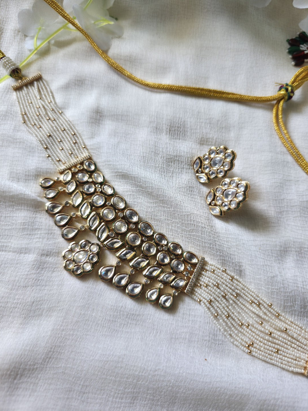 Noor-e-Polki Pearl Choker Set  Moissanite Polki Pearl Choker Necklace Set | Handcrafted Bridal Choker | Luxury Wedding Jewellery