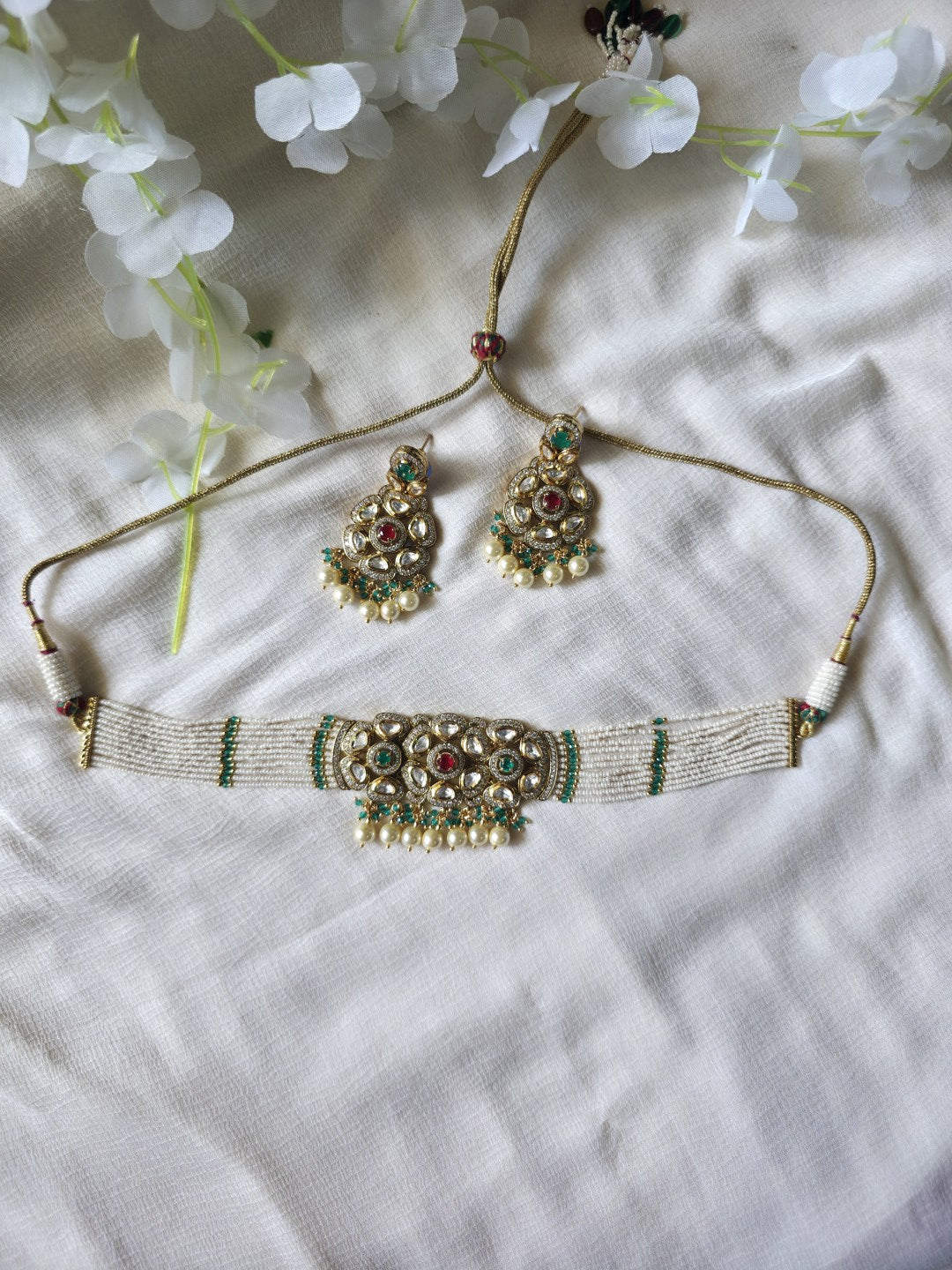Noor Mahal Moissanite Pearl Choker Set  Moissanite Polki Pearl Choker Necklace Set | Handcrafted Bridal Choker | Luxury Wedding Jewellery