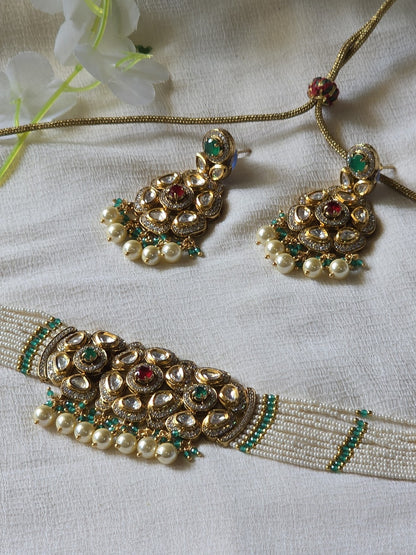 Noor Mahal Moissanite Pearl Choker Set  Moissanite Polki Pearl Choker Necklace Set | Handcrafted Bridal Choker | Luxury Wedding Jewellery