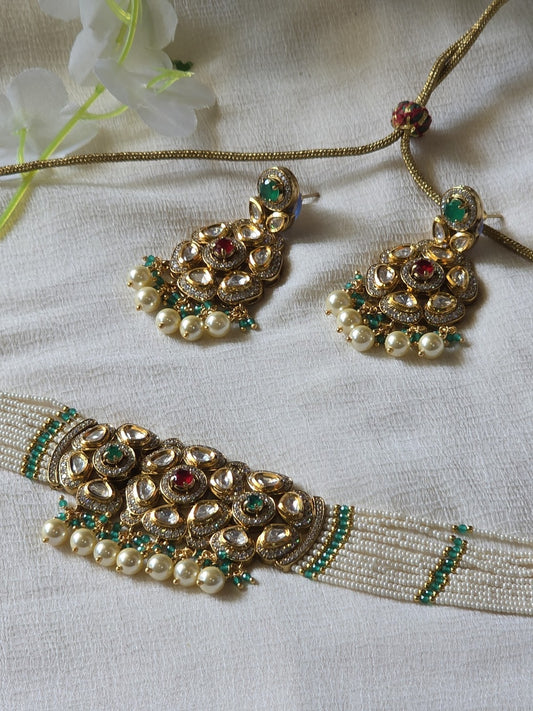 Noor Mahal Moissanite Pearl Choker Set  Moissanite Polki Pearl Choker Necklace Set | Handcrafted Bridal Choker | Luxury Wedding Jewellery