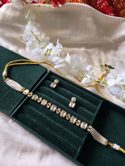 Noor Royale Moissanite Polki Choker Set  Moissanite Polki Pearl Choker Necklace Set | Minimal Bridal Jewellery | Luxury Wedding Choker with Earrings