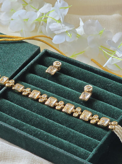 Noor Royale Moissanite Polki Choker Set  Moissanite Polki Pearl Choker Necklace Set | Minimal Bridal Jewellery | Luxury Wedding Choker with Earrings