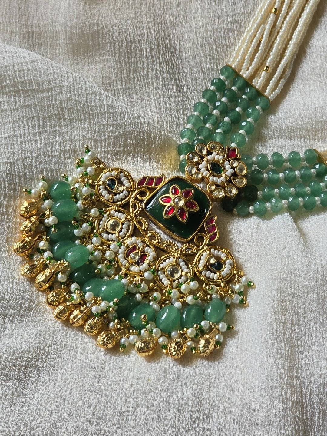 Meher Noor Pearl Pendant Necklace Set  Multi-Layer Pearl Necklace Set with Handcrafted Pendant | Antique Gold Finish | Meenakari & Green Beads | Festive Jewellery