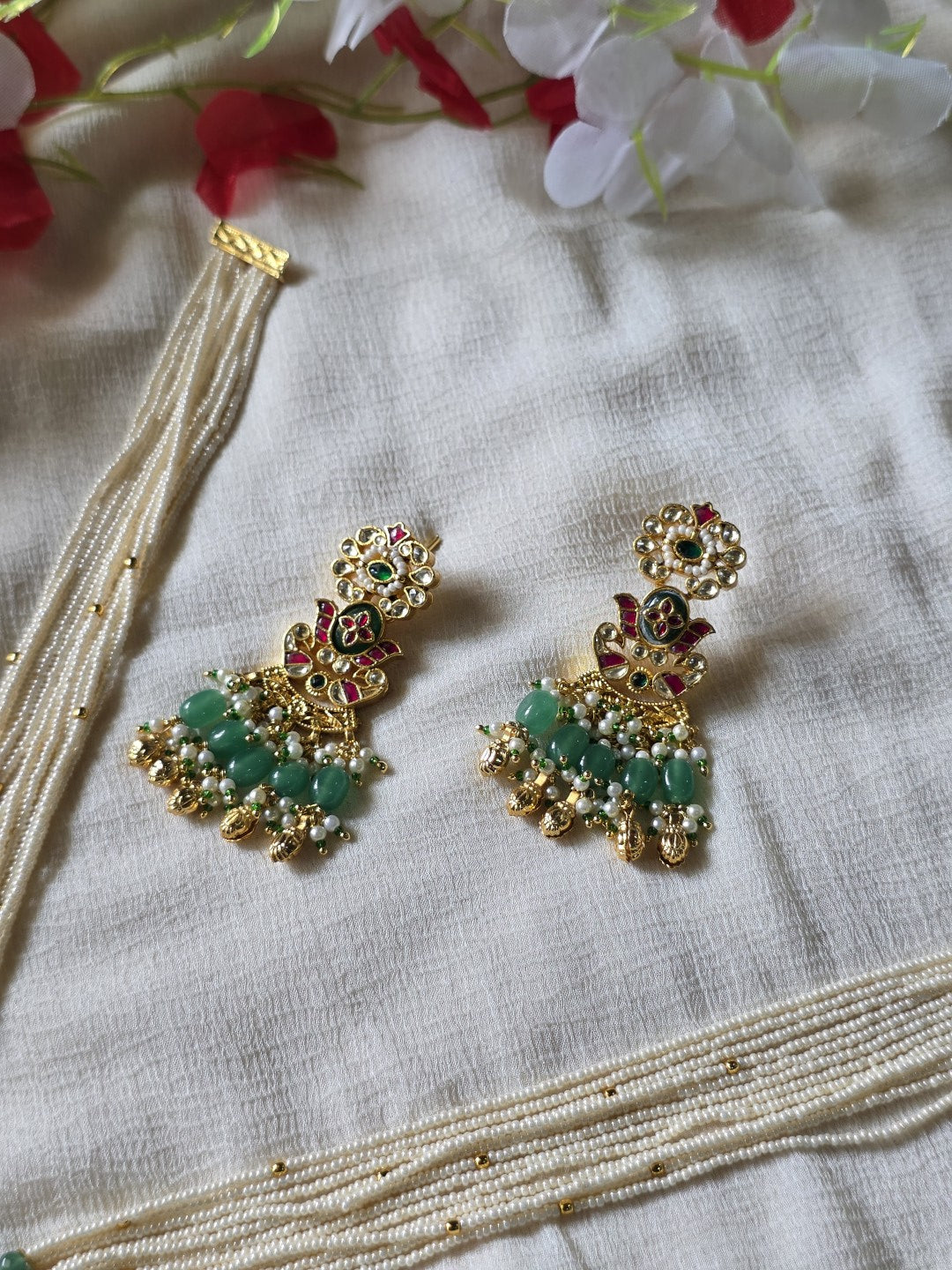 Meher Noor Pearl Pendant Necklace Set  Multi-Layer Pearl Necklace Set with Handcrafted Pendant | Antique Gold Finish | Meenakari & Green Beads | Festive Jewellery
