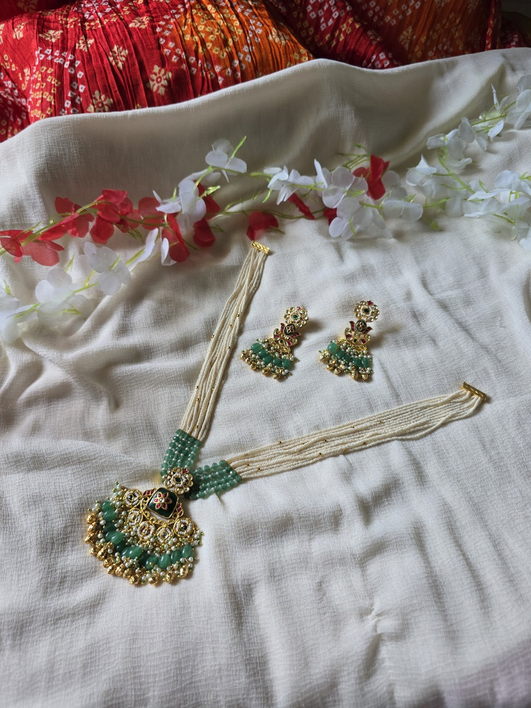 Meher Noor Pearl Pendant Necklace Set  Multi-Layer Pearl Necklace Set with Handcrafted Pendant | Antique Gold Finish | Meenakari & Green Beads | Festive Jewellery