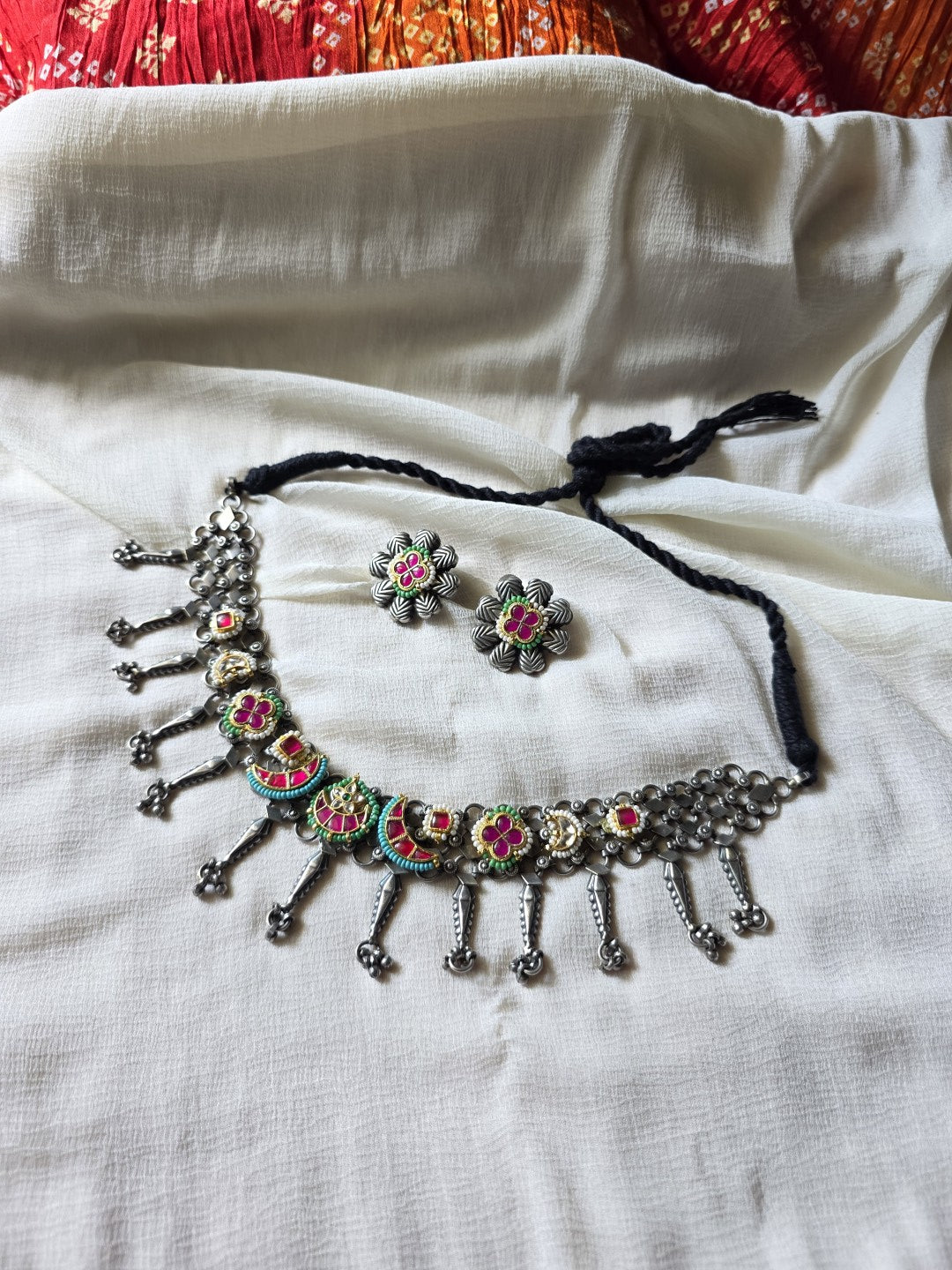 Pushpika Antique Silver Choker Set  Handcrafted Navratri Choker with Meenakari Work & Matching Stud Earrings | Traditional Tribal Jewellery