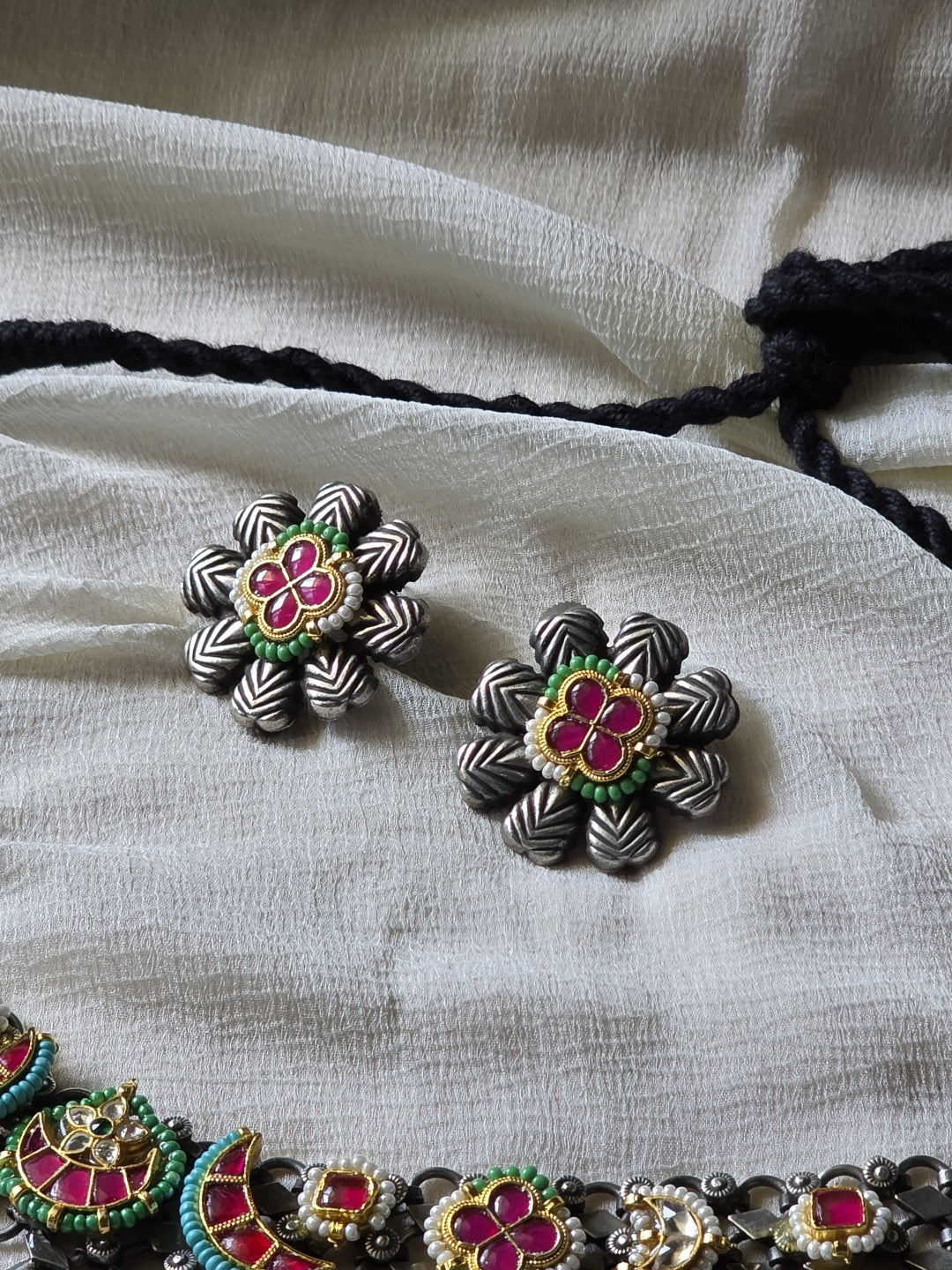 Pushpika Antique Silver Choker Set  Handcrafted Navratri Choker with Meenakari Work & Matching Stud Earrings | Traditional Tribal Jewellery