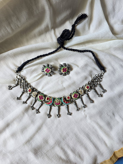 Pushpika Antique Silver Choker Set  Handcrafted Navratri Choker with Meenakari Work & Matching Stud Earrings | Traditional Tribal Jewellery