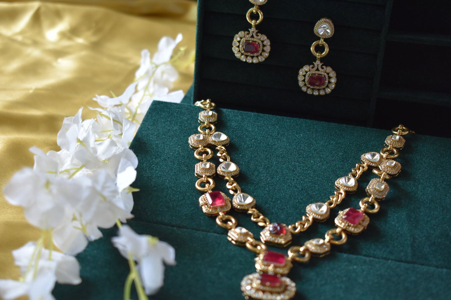 Mahira Victorian Maharani Polki Moissanite Ruby Chain Necklace Set Bridal Festive | Premium Indian Jewellery