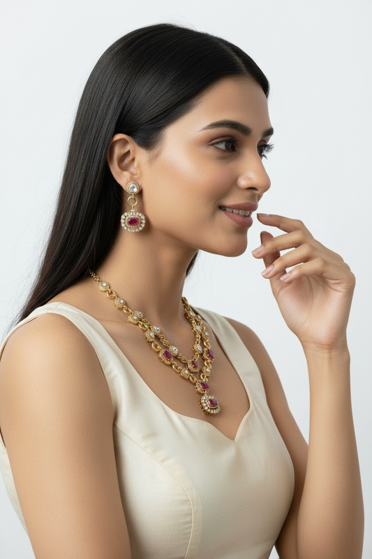Mahira Victorian Maharani Polki Moissanite Ruby Chain Necklace Set Bridal Festive | Premium Indian Jewellery