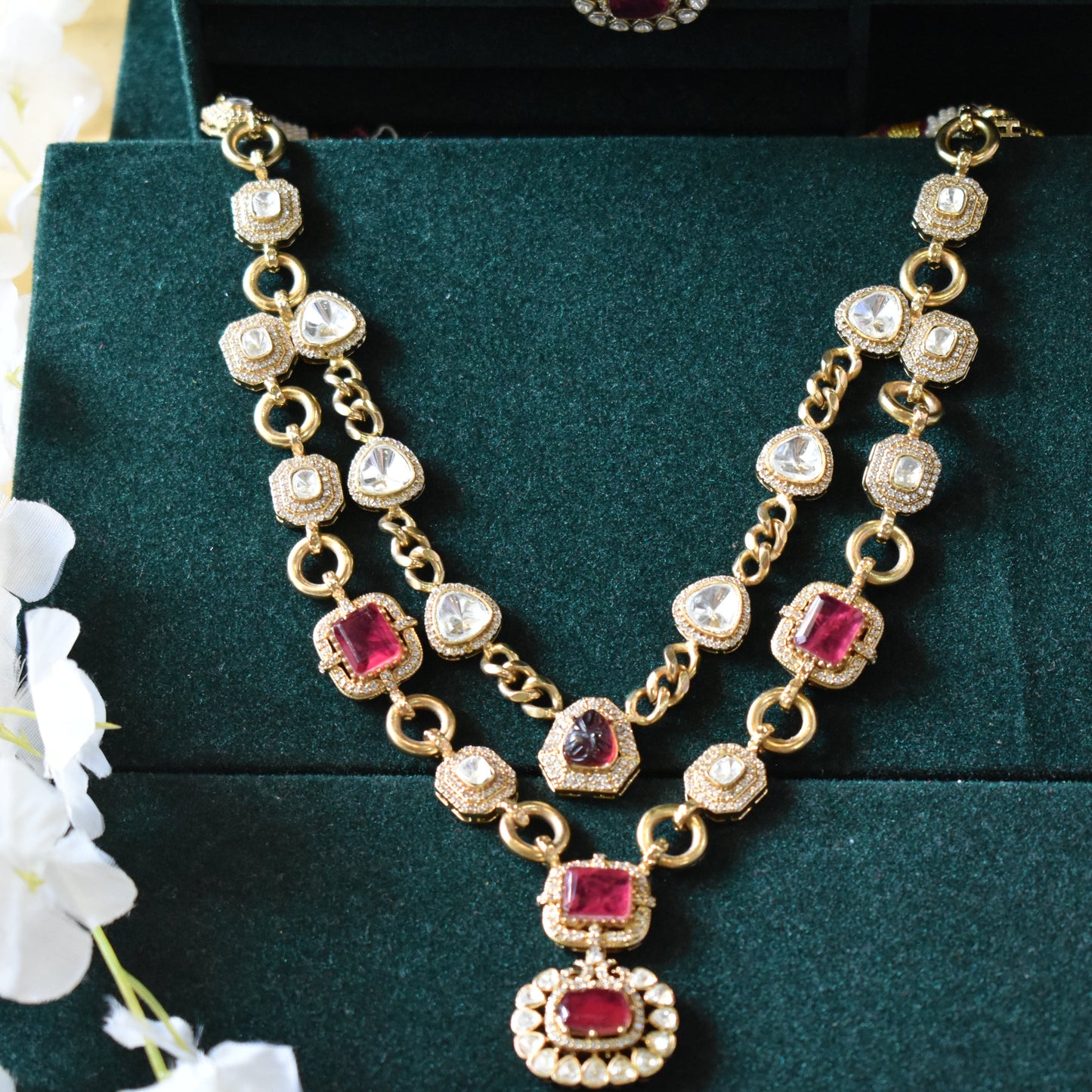 Mahira Victorian Maharani Polki Moissanite Ruby Chain Necklace Set Bridal Festive | Premium Indian Jewellery