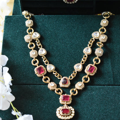 Mahira Victorian Maharani Polki Moissanite Ruby Chain Necklace Set Bridal Festive | Premium Indian Jewellery