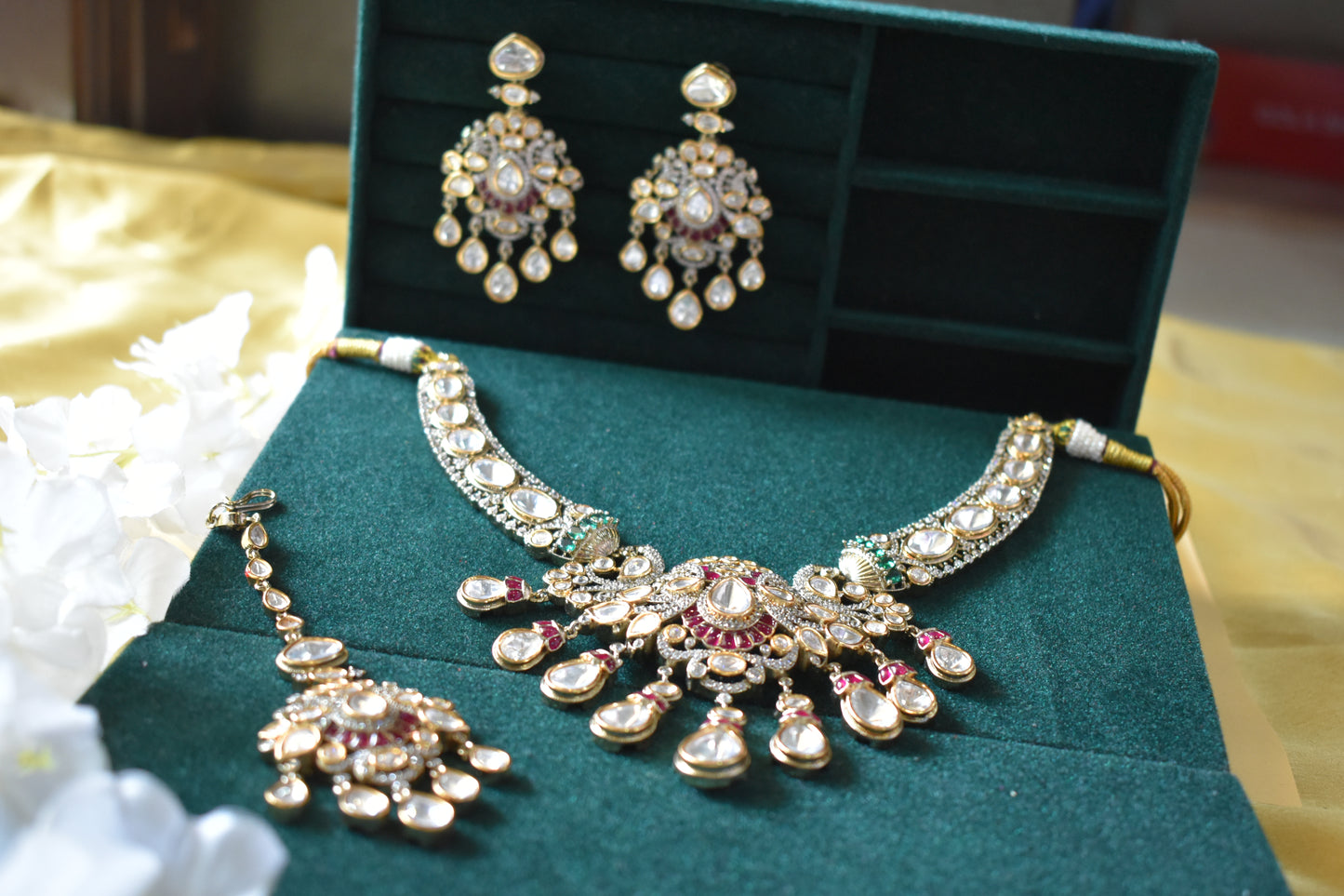 Saanvika Victorian Maharani Polki Moissanite Bridal Necklace Set with Maang Tikka Wedding | Premium Indian Jewellery