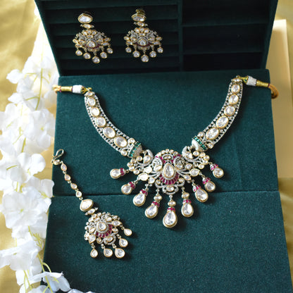 Saanvika Victorian Maharani Polki Moissanite Bridal Necklace Set with Maang Tikka Wedding | Premium Indian Jewellery