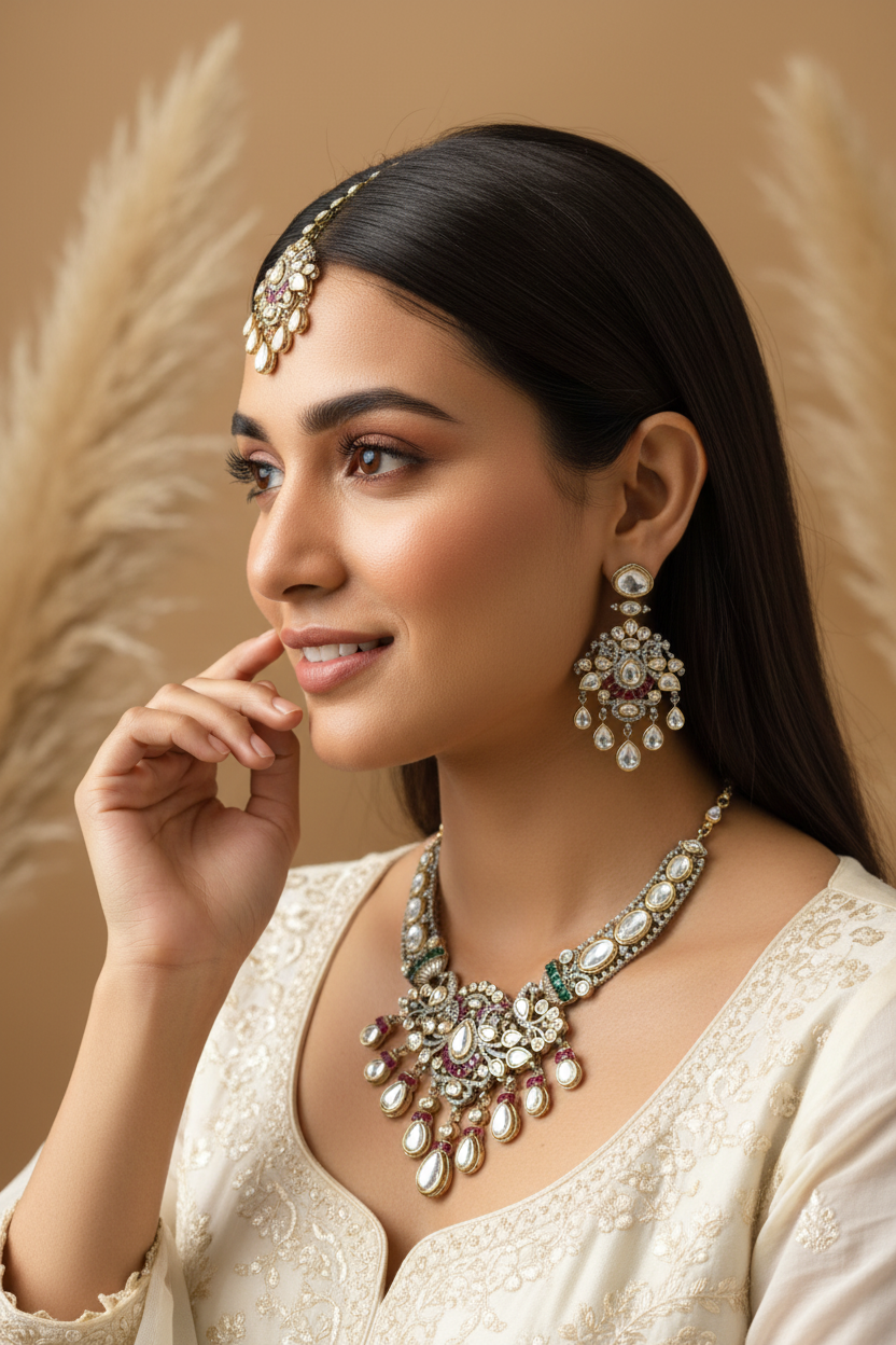 Saanvika Victorian Maharani Polki Moissanite Bridal Necklace Set with Maang Tikka Wedding | Premium Indian Jewellery