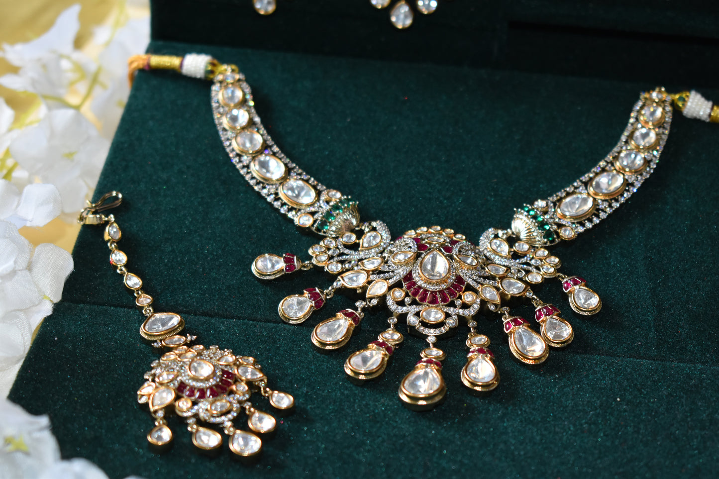 Saanvika Victorian Maharani Polki Moissanite Bridal Necklace Set with Maang Tikka Wedding | Premium Indian Jewellery