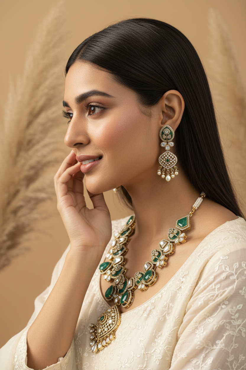 Ivorya Victorian Maharani Polki Moissanite Bridal Necklace Set with Maang Tikka Wedding | Premium Indian Jewellery