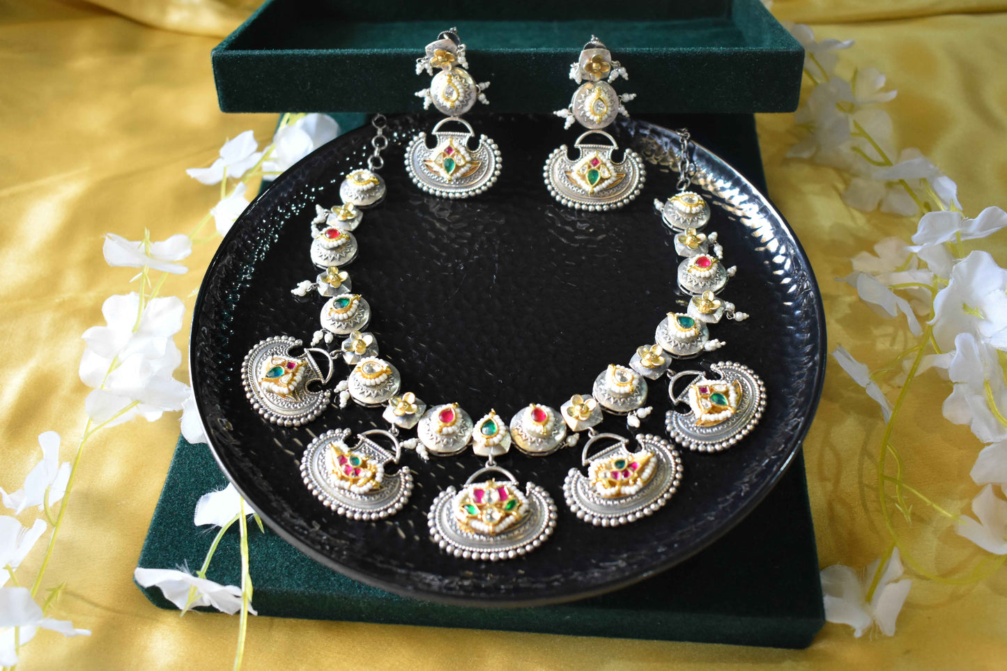 Pacchi Kundan Silver Tone Necklace Set with Earrings | Fusion Indian Bridal Jewelry