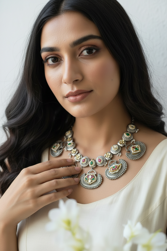 Pacchi Kundan Silver Tone Necklace Set with Earrings | Fusion Indian Bridal Jewelry