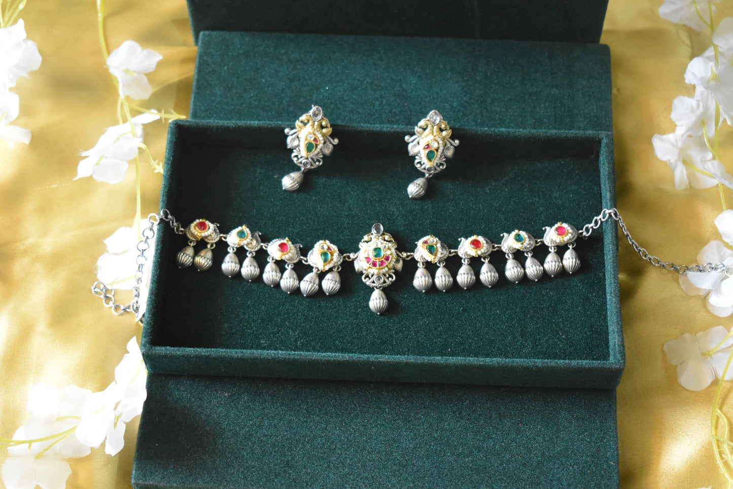 Pacchi Kundan Silver Tone Choker Set with Earrings | Indian Fusion Bridal Jewelry