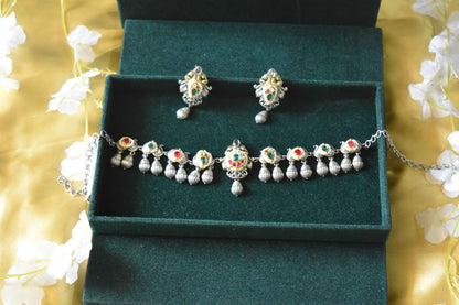 Pacchi Kundan Silver Tone Choker Set with Earrings | Indian Fusion Bridal Jewelry