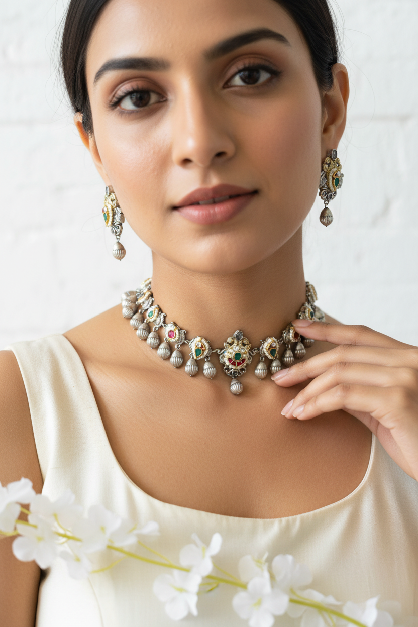 Pacchi Kundan Silver Tone Choker Set with Earrings | Indian Fusion Bridal Jewelry