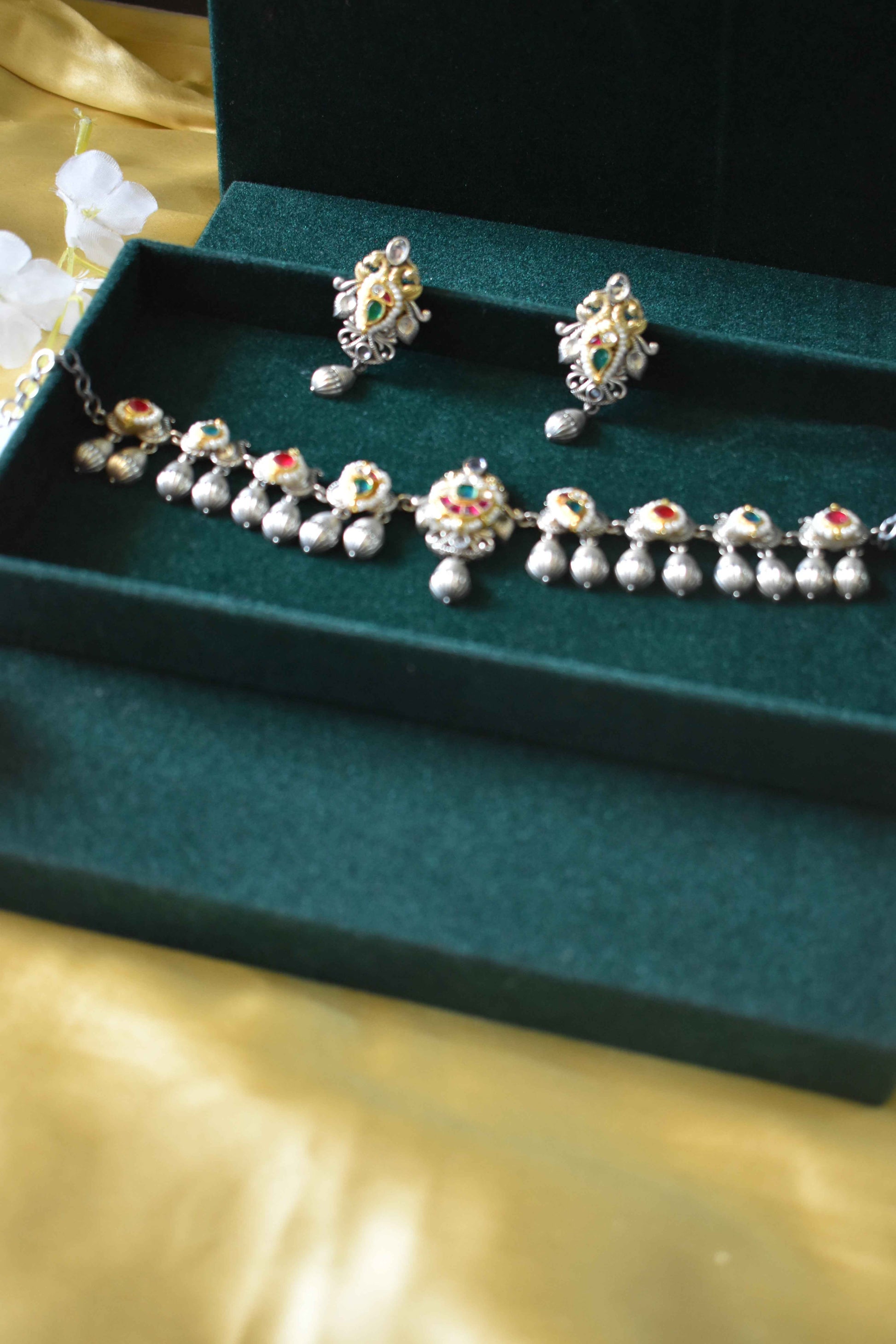 Pacchi Kundan Silver Tone Choker Set with Earrings | Indian Fusion Bridal Jewelry