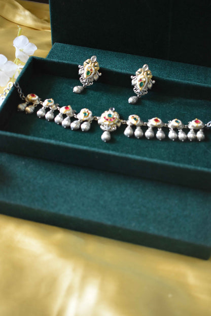 Pacchi Kundan Silver Tone Choker Set with Earrings | Indian Fusion Bridal Jewelry