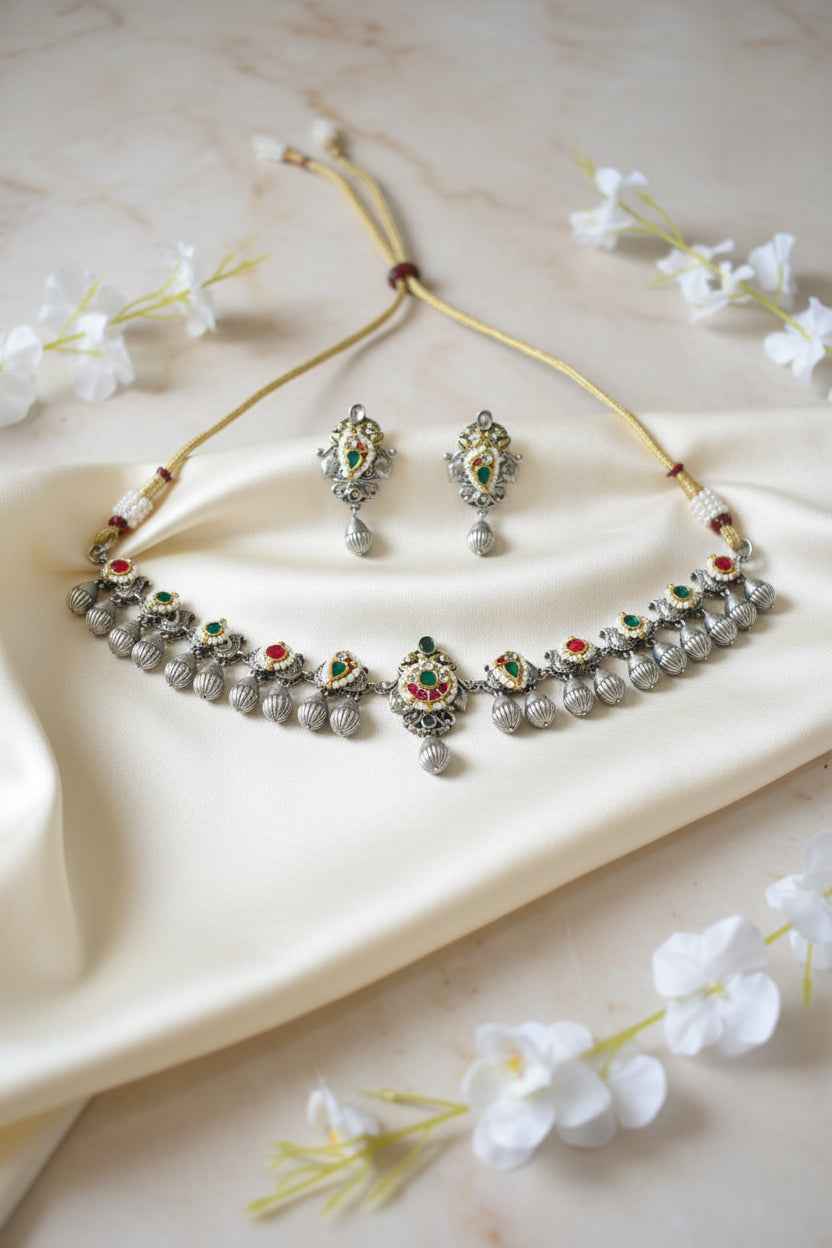 Pacchi Kundan Silver Tone Choker Set with Earrings | Indian Fusion Bridal Jewelry