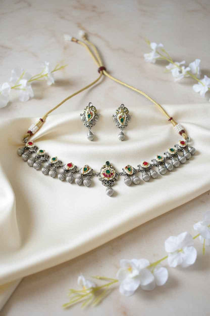 Pacchi Kundan Silver Tone Choker Set with Earrings | Indian Fusion Bridal Jewelry