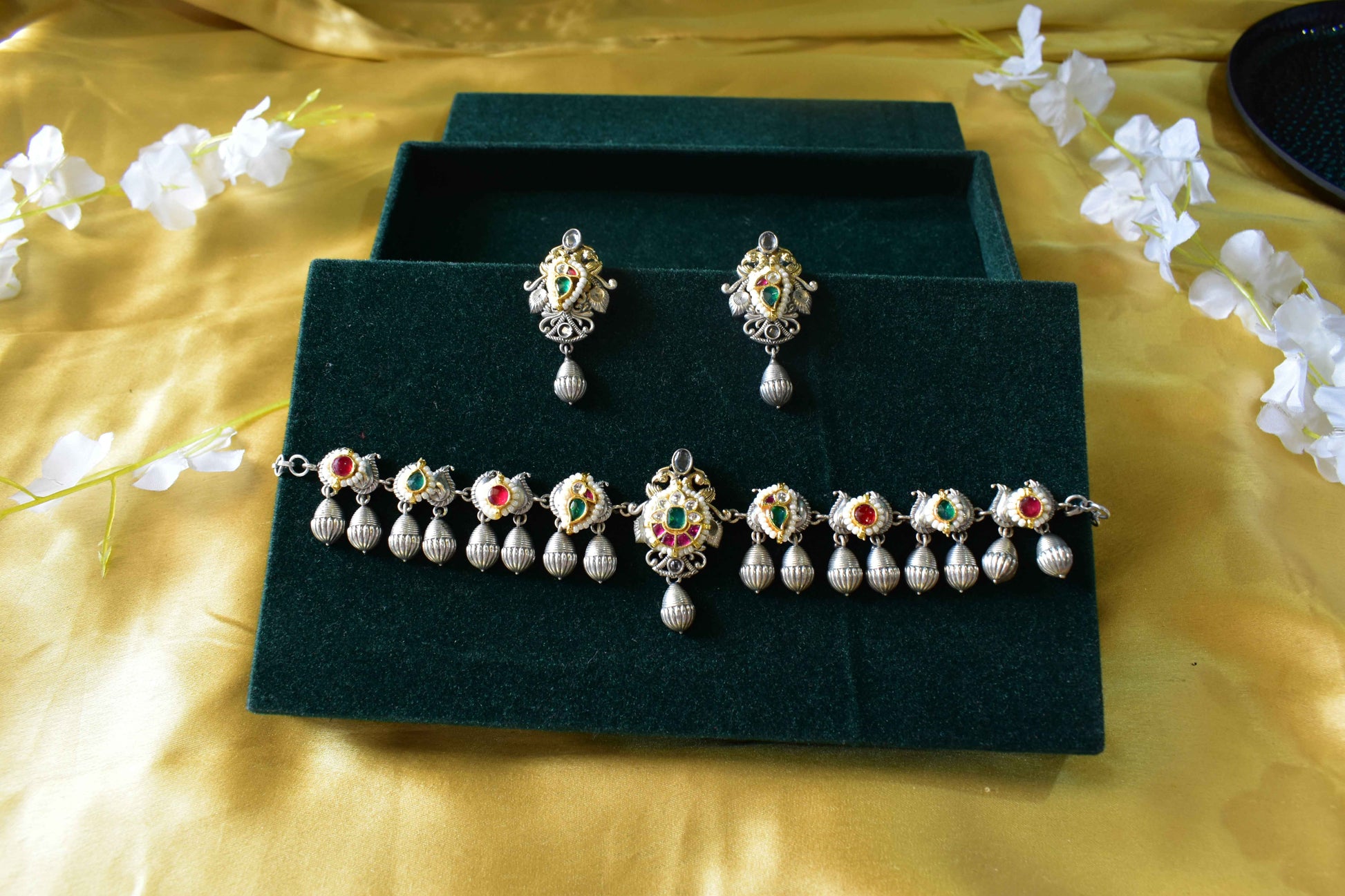 Pacchi Kundan Silver Tone Choker Set with Earrings | Indian Fusion Bridal Jewelry
